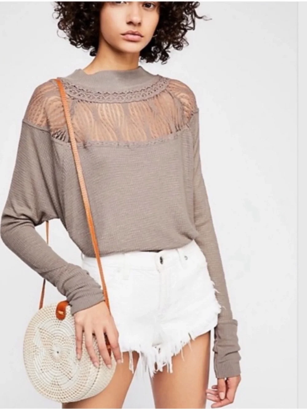 Free People Lace Thermal Top Taupe Brown